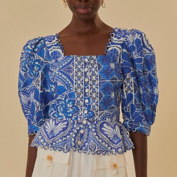 FARM Rio Tops - SOLD-Farm Rio Tile Dream Blouse Puff Sleeve Top Blue Print Peplum Square Neck